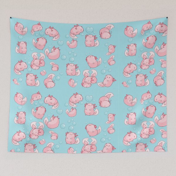 Item preview, Kawaii axolotls chasing bubbles underwater - cute pink baby axolotls playing designed and sold by MagicStrawberry.