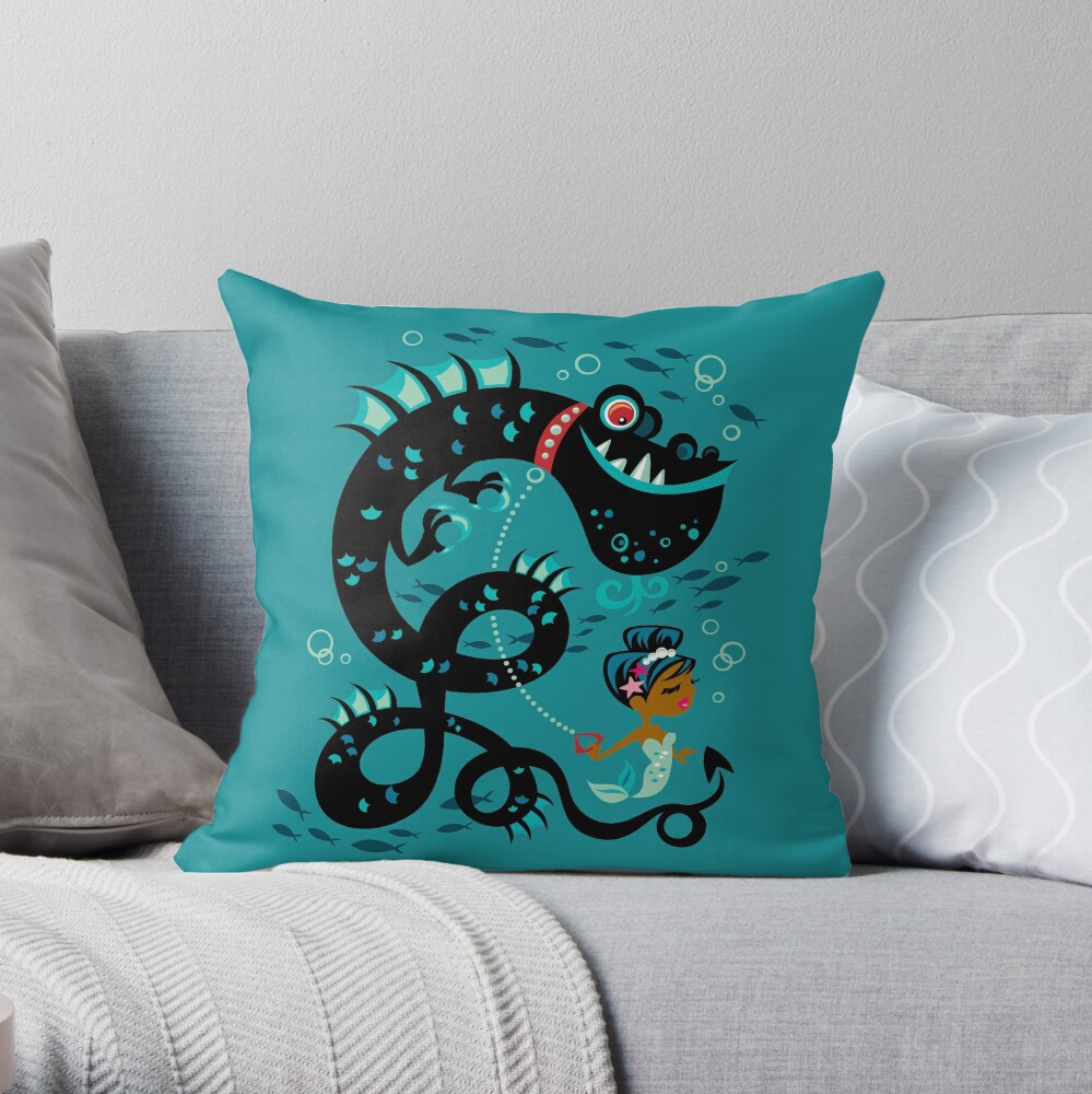  Sweet Mermaid with Pet Sea Dragon Throw Pillow