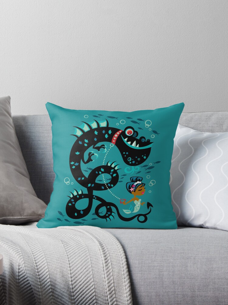 Thumbnail 1 of 3, Throw Pillow, Sweet Mermaid with Pet Sea Dragon designed and sold by SquidsNthings.