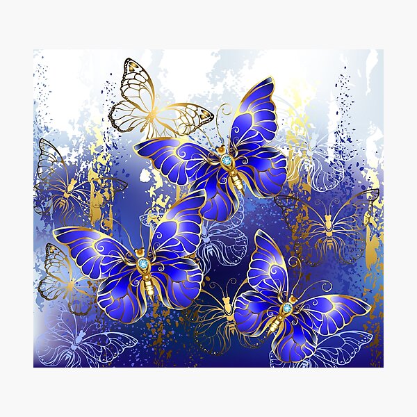 Gold Butterflies On A Blue Background - Crella