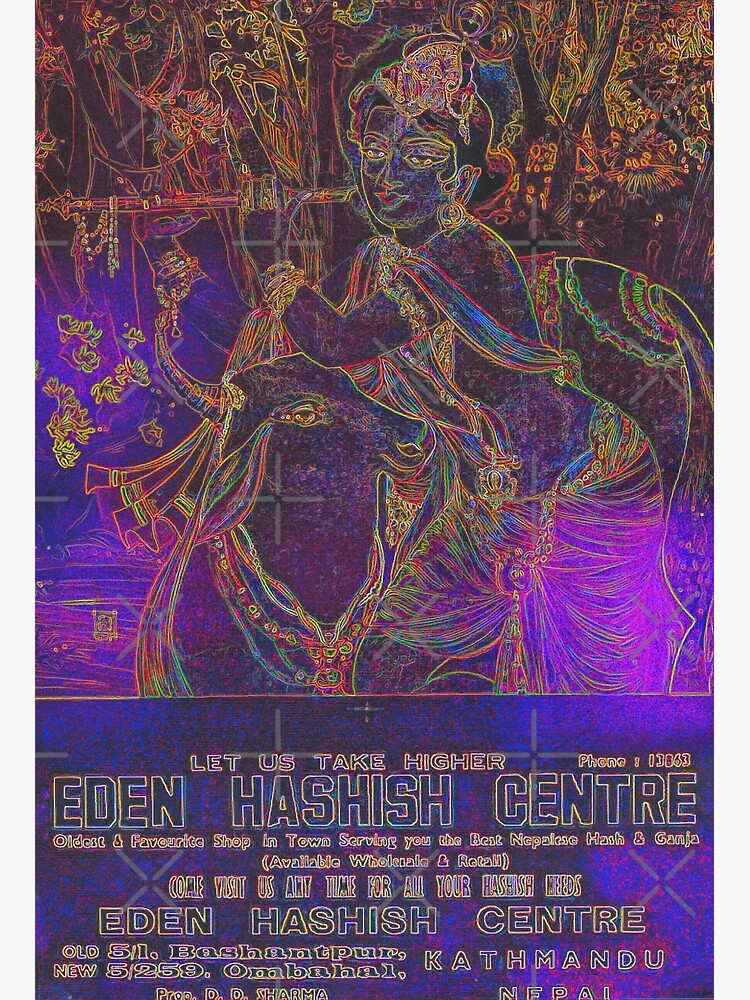 Disover Vintage Illustrated Psychedelic Neon Poster From Nepal - EDEN HASHISH CENTRE (Lord Krishna) Premium Matte Vertical Poster