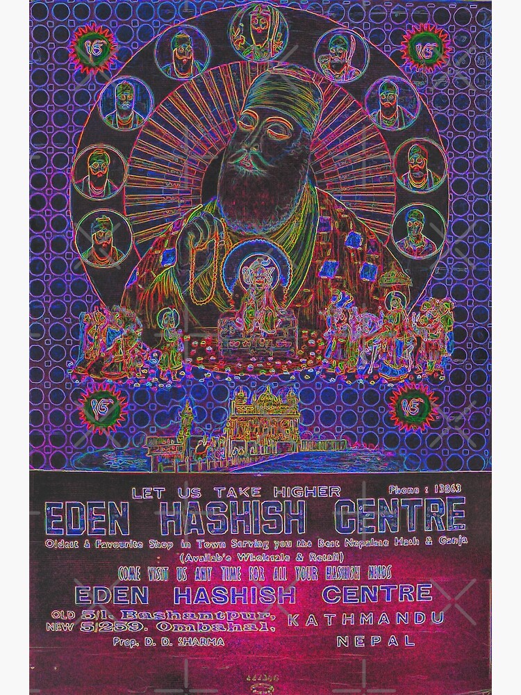 Disover Vintage Illustrated Psychedelic Neon Poster From Nepal - EDEN HASHISH CENTRE (Guru Nanak) Premium Matte Vertical Poster