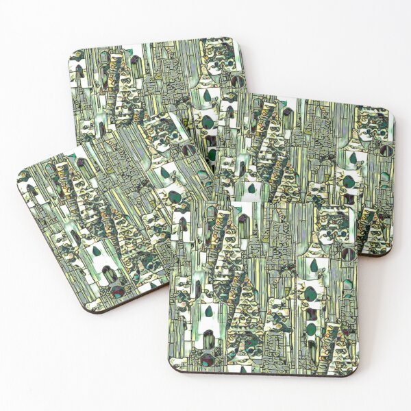 Item preview, houses in greenery, jasper, vertical stripes, green, black, abstract art designed and sold by Maria Mihailova.
