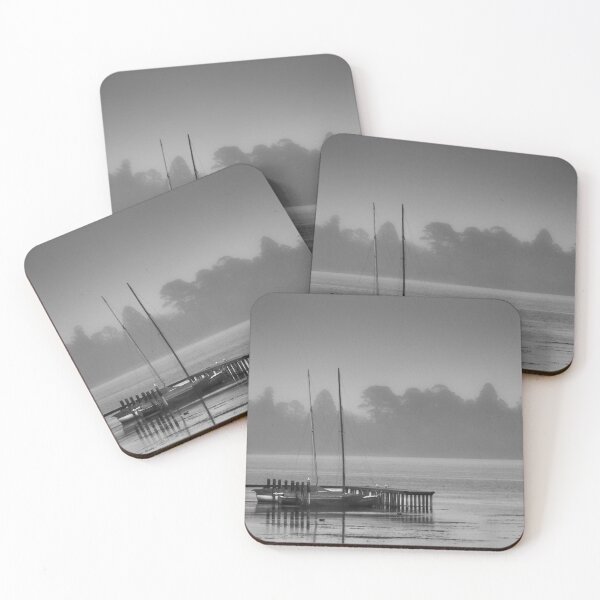 Item preview, Sail boats moored at Lake Wendouree jetty on a cold misty morning in Black and White designed and sold by James-Cole.