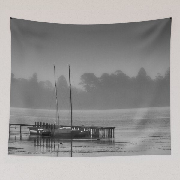 Item preview, Sail boats moored at Lake Wendouree jetty on a cold misty morning in Black and White designed and sold by James-Cole.