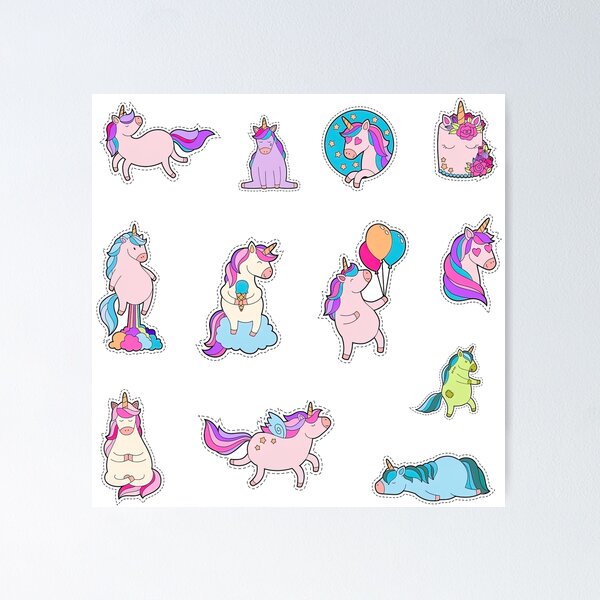 Conjunto de imágenes prediseñadas de pegatinas de unicornios de cumpleaños  kawaii y lindo