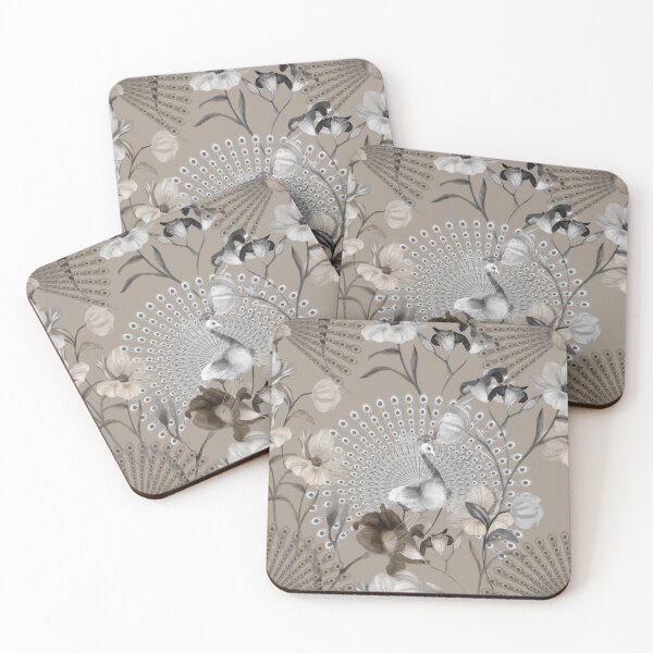 Item preview, Peacock and delicate wild flower pattern in sand colour designed and sold by RoyalPeople.