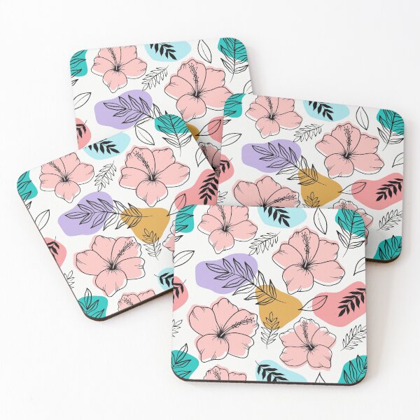Item preview, Hibiscuses with palm tree leaves on abstract colorful shapes designed and sold by Katine-Art.