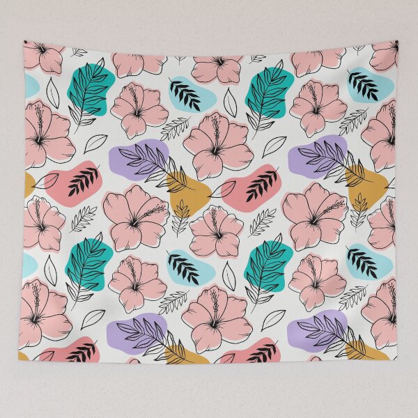 Item preview, Hibiscuses with palm tree leaves on abstract colorful shapes designed and sold by Katine-Art.