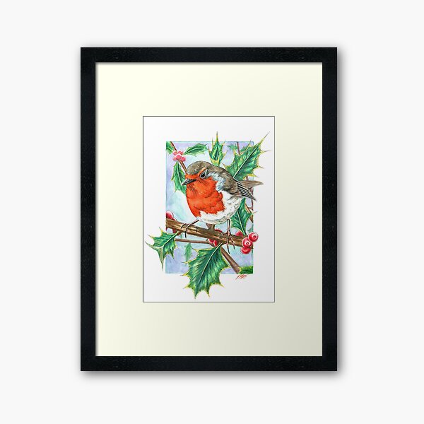 European Robin in Holly Framed Art Print