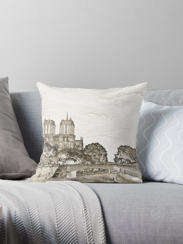 Thumbnail 1 of 4, Pillow, Parisian Seine River Sketch designed and sold by MaluC.