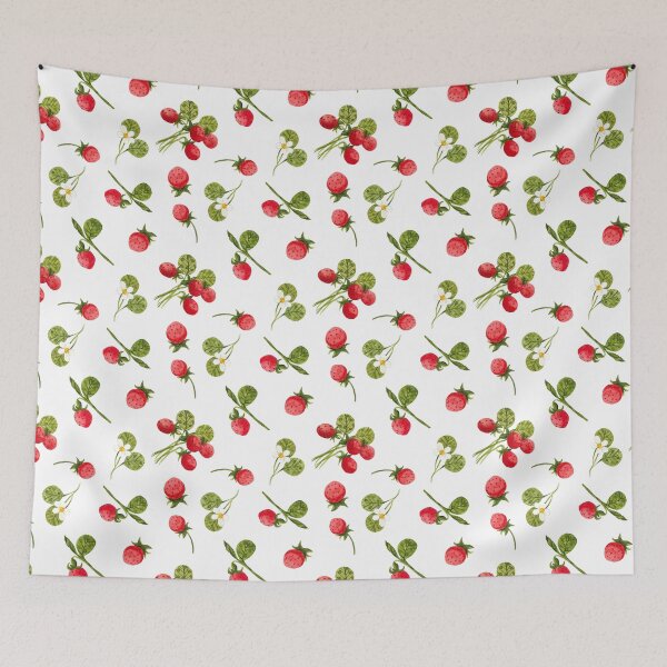 Aperçu de l'œuvre Fraises rouges aquarelles, feuilles et fleurs, motif de fraises rouges juteuses créée et vendue par silviaol.