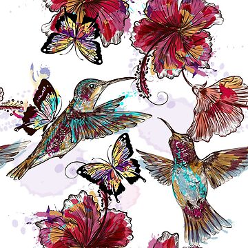 We Love Hummingbirds Beautiful Floral Hummingbird Silk Scarf Beige