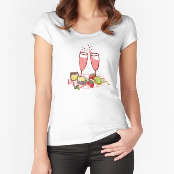 Aussie Christmas Cheer with illustrated cherries, strawberries, lamingtons and champagne Fitted Scoop T-Shirt