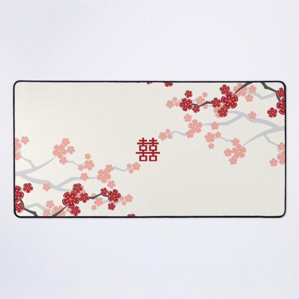 Vista previa del artículo con la obra «Cerezos orientales rojos en flor sobre fondo marfil y doble felicidad en una boda china | Sakura japonesa © fatfatin», diseñado y vendido por fatfatin.
