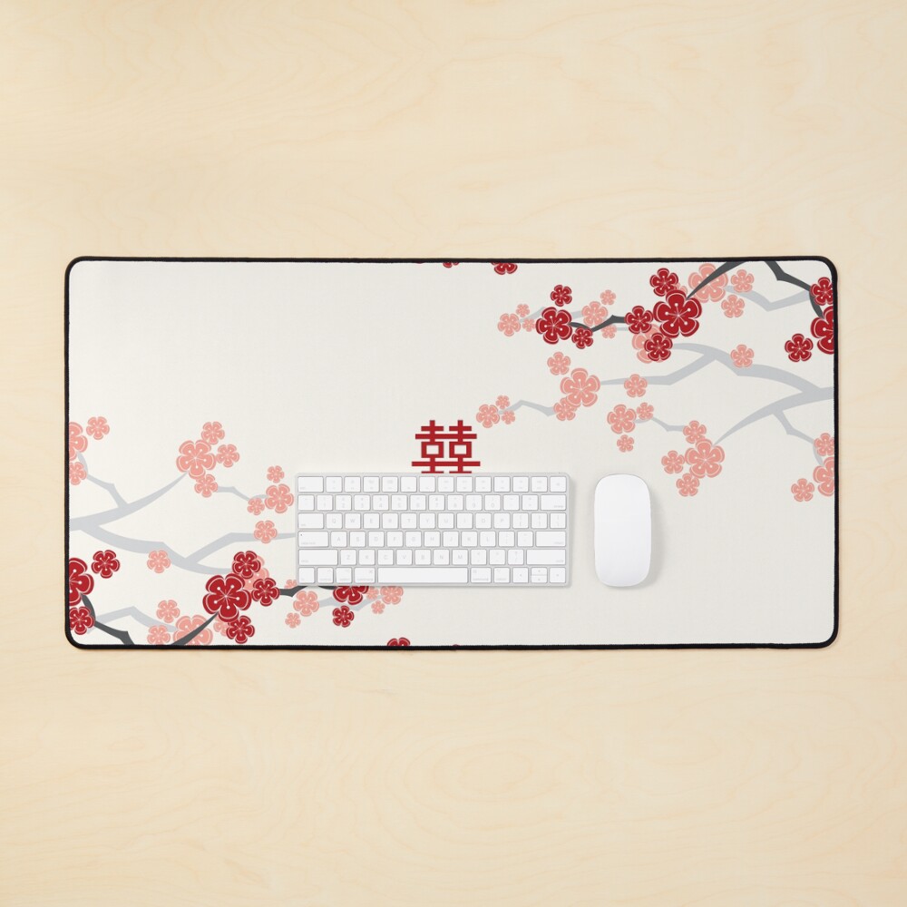 Red Oriental Cherry Blossoms on Ivory and Chinese Wedding Double Happiness | Japanese Sakura © fatfatin Mouse Pad