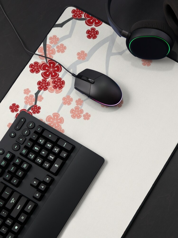 Alternate view of Red Oriental Cherry Blossoms on Ivory and Chinese Wedding Double Happiness | Japanese Sakura © fatfatin   Mouse Pad