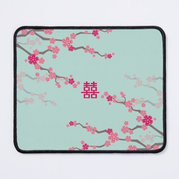 Item preview, Fuchsia Pink Oriental Cherry Blossoms on Turquoise Blue and Chinese Wedding Double Happiness | Japanese Sakura © fatfatin  designed and sold by fatfatin.