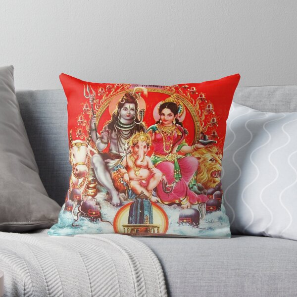 Rare Vintage Illustrated Psychedelic Poster From Nepal - EDEN HASHISH CENTRE (Lord Shiva, Parvati & Lord Ganesha) Throw Pillow