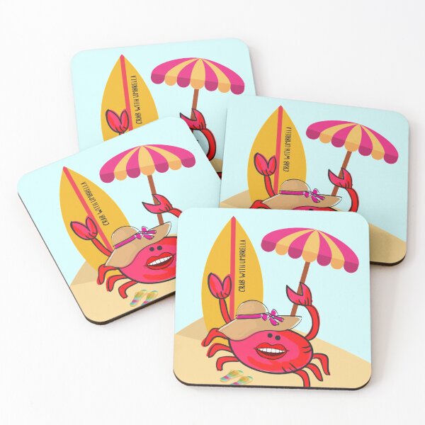 Item preview,  CUTE FUNNY CARTOON FUCHIA RED PINK CRAB WITH UMBRELLA ON BEACH designed and sold by EllieMonroe.