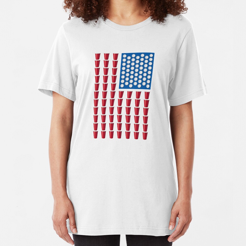 Beer Pong Drinking Game American Flag Slim Fit T-Shirt