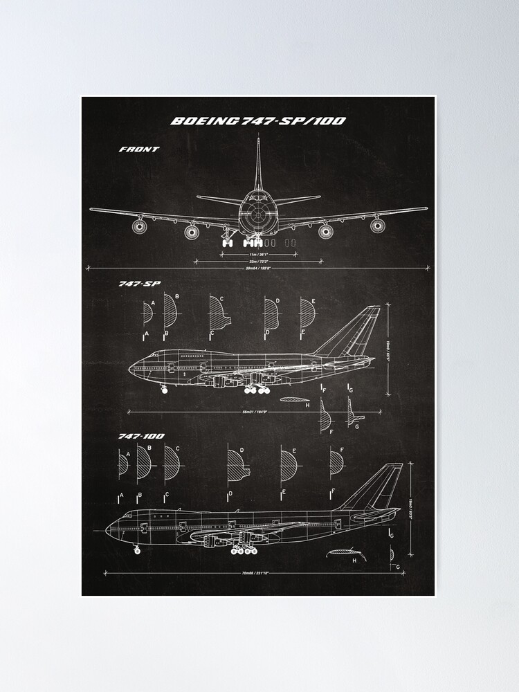 Alternate view of Boeing 747-SP & 747-100 Concept Drawing Blueprint (chalkboard) Poster