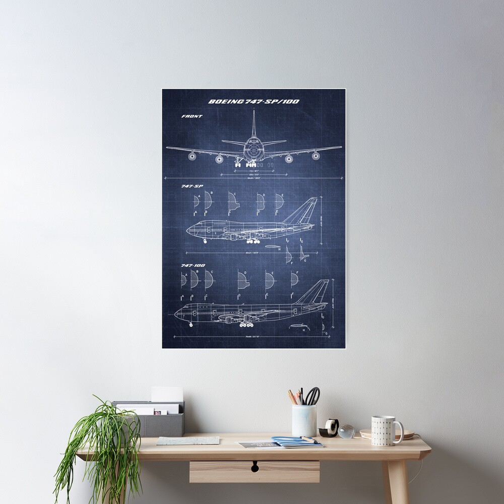 Boeing 747-SP & 747-100 Concept Drawing (dark blueprint) Poster