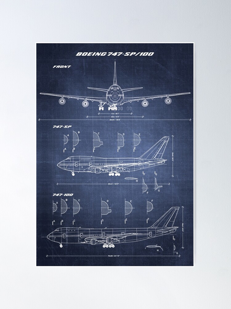 Alternate view of Boeing 747-SP & 747-100 Concept Drawing (dark blueprint) Poster