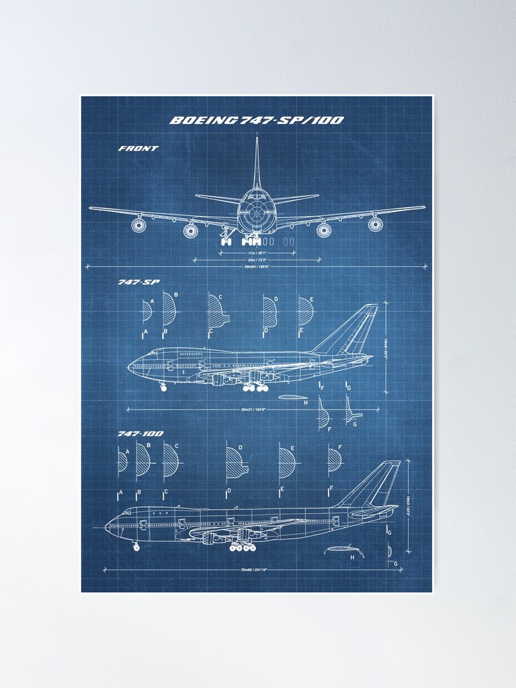 Alternate view of Boeing 747-SP & 747-100 Concept Drawing (light blueprint) Poster