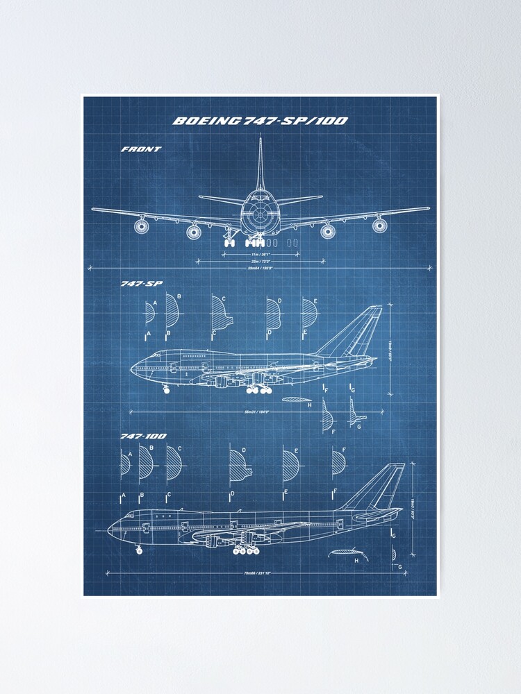 Alternate view of Boeing 747-SP & 747-100 Concept Drawing (light blueprint) Poster