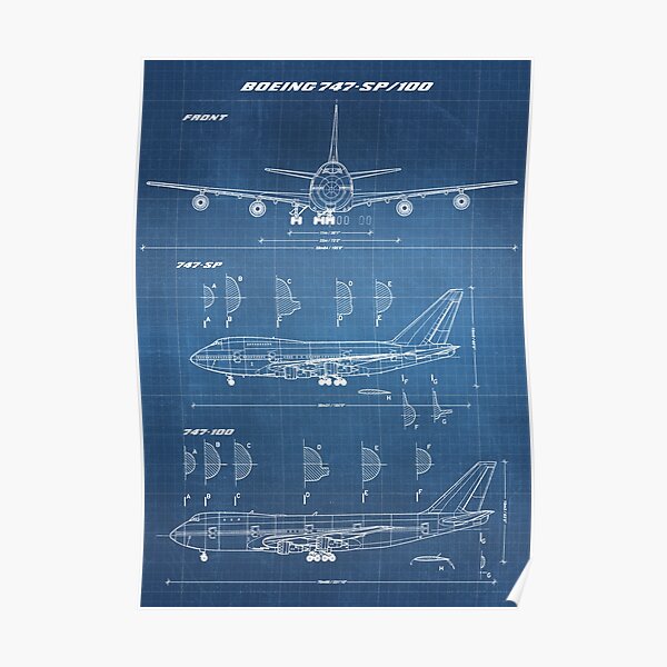 Boeing 747-SP & 747-100 Concept Drawing (light blueprint) Poster