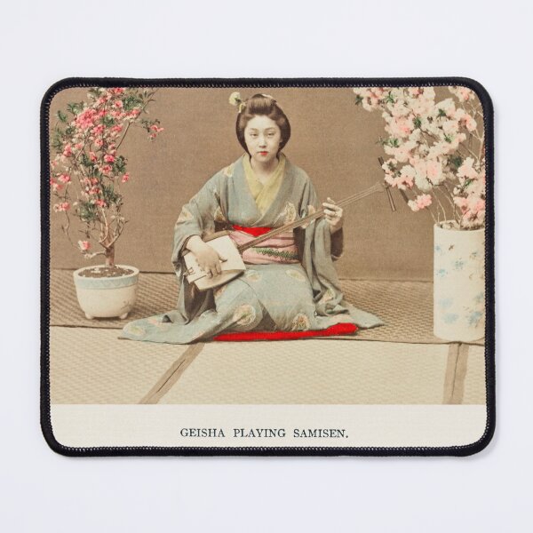 Item preview, Geisha playing the Samisen - Traditional Japanese kimono vintage photography designed and sold by FrostMintStudio.