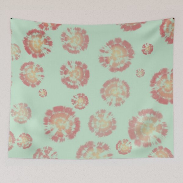 Item preview, Círculos Tie Dye en rojo Poinciana con centro amarillo narciso sobre fondo verde claro designed and sold by nabeArtist.