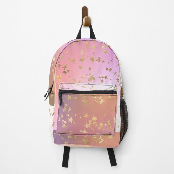 Item preview, Shiny gold foil stars on a pink and orange rainbow background designed and sold by AnnieHochmann.