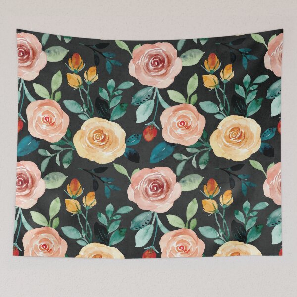 Item preview, Warm Summer Sun Coral and Yellow Roses on Black designed and sold by aprincessinsp.