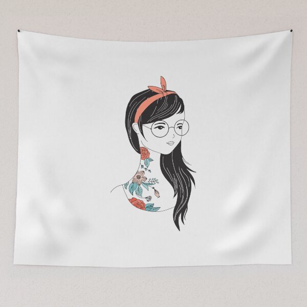 Item preview, Line Art Adorable Girl with Flowers Tattoo and Long Black Hair  designed and sold by Obsesie.