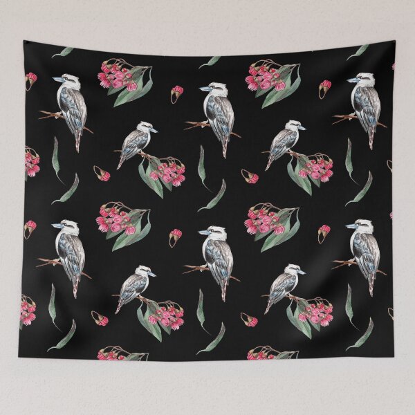 Item preview, Australian Kookaburra Red Flowering Gums Pattern Black Background designed and sold by Jaydee001.