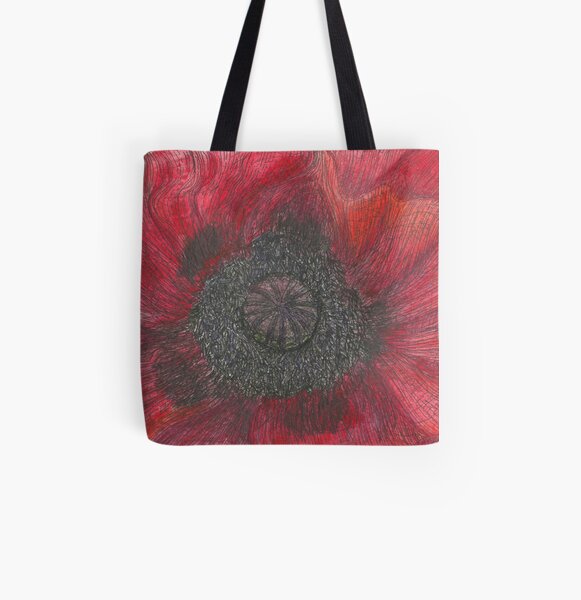 Heart of the Poppy illustration, ink and watercolor All Over Print Tote Bag