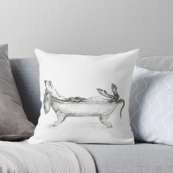 Item preview, Dachshund in a bathtub illustration, pen and ink designed and sold by CandyMedusa.
