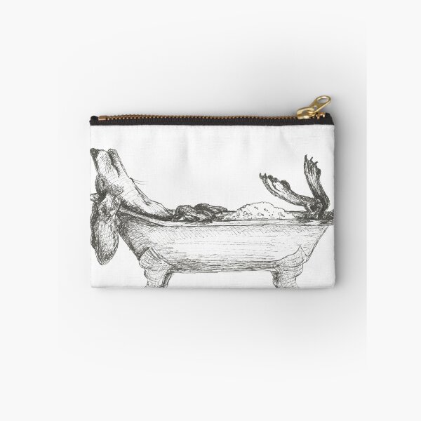 Item preview, Dachshund in a bathtub illustration, pen and ink designed and sold by CandyMedusa.