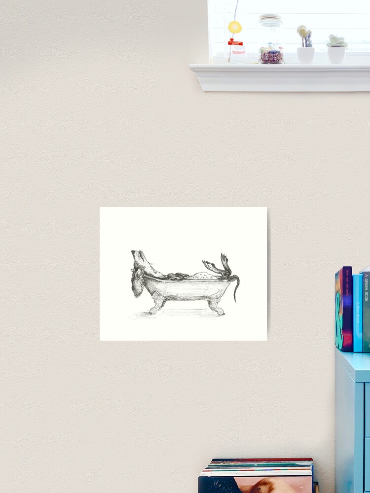 Thumbnail 2 of 3, Art Print, Dachshund in a bathtub illustration, pen and ink designed and sold by CandyMedusa.