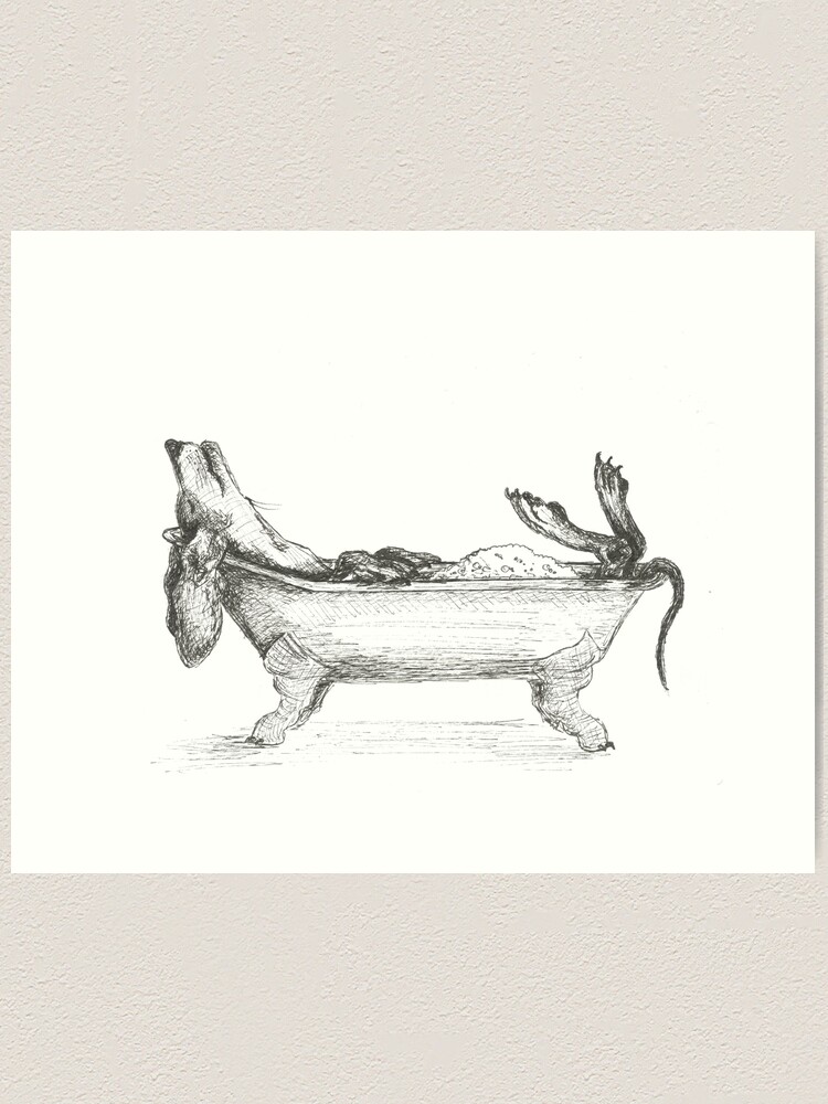 Thumbnail 1 of 3, Art Print, Dachshund in a bathtub illustration, pen and ink designed and sold by CandyMedusa.