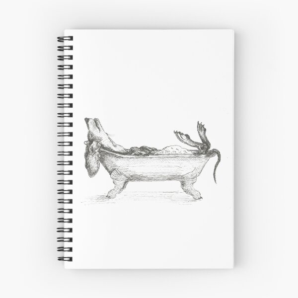 Item preview, Dachshund in a bathtub illustration, pen and ink designed and sold by CandyMedusa.