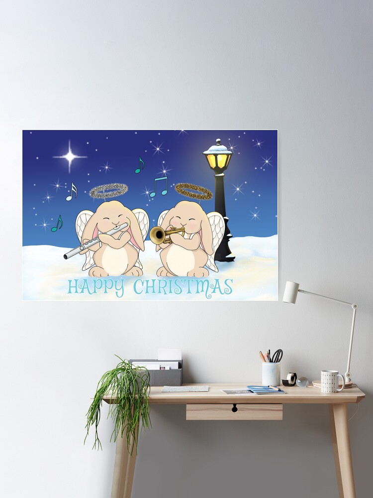 Christmas Rabbits as Angels Playing Flute and Trumpet Poster for Sale by  Jazznote