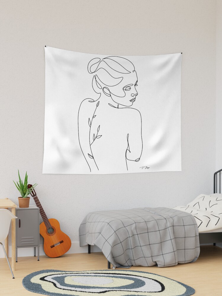 Line Art Woman With Branch with leaves Minimal Art Print Nature Woman Line Art Woman Wall Art Minimal Line Drawing Woman Tapestry for Sale by OneLinePrint Redbubble