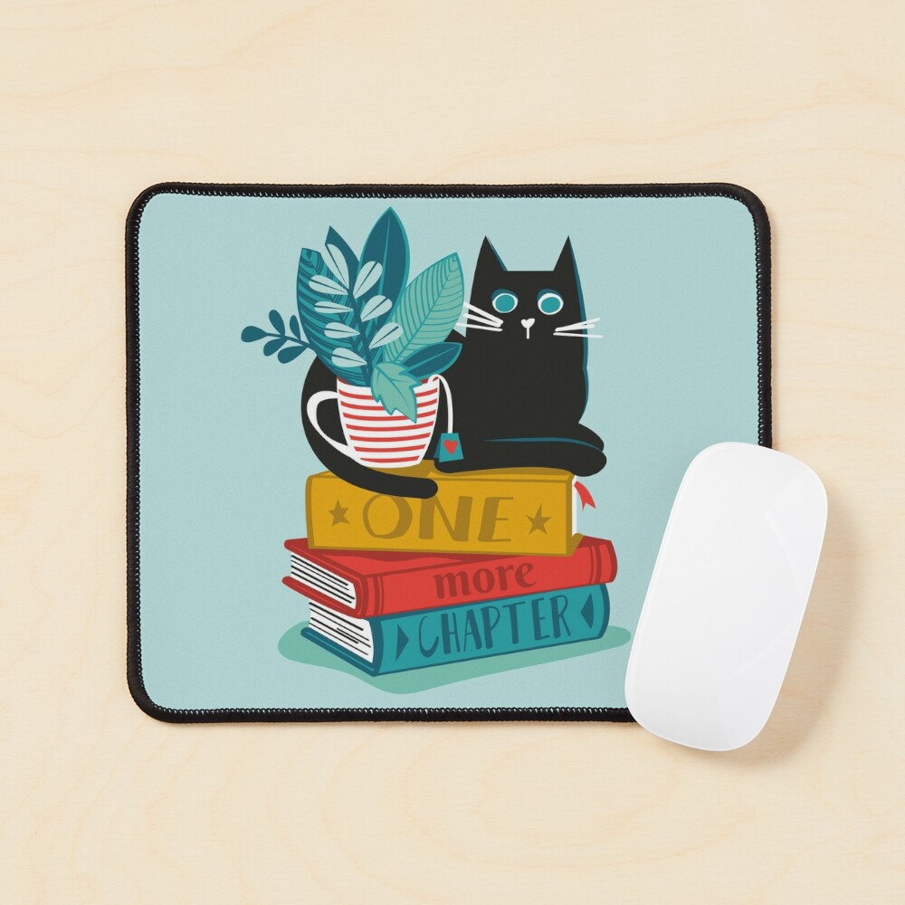 One more chapter // aqua background black cat striped mug with plants red teal and yellow books with quote Mouse Pad