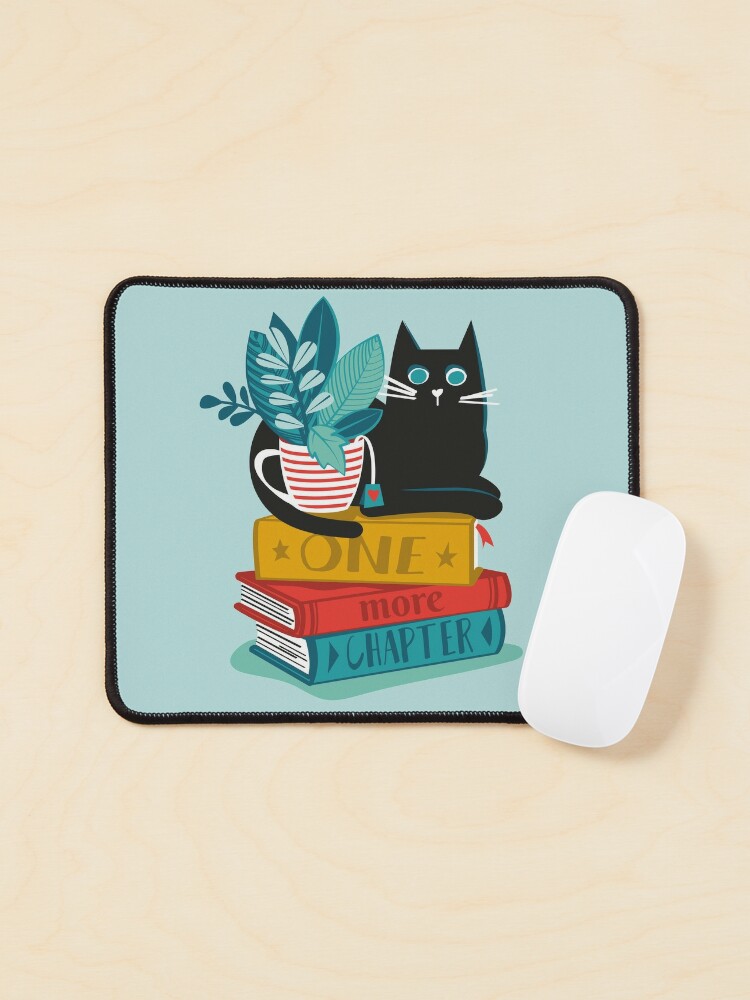 Thumbnail 1 of 5, Mouse Pad, One more chapter // aqua background black cat striped mug with plants red teal and yellow books with quote designed and sold by SelmaCardoso.
