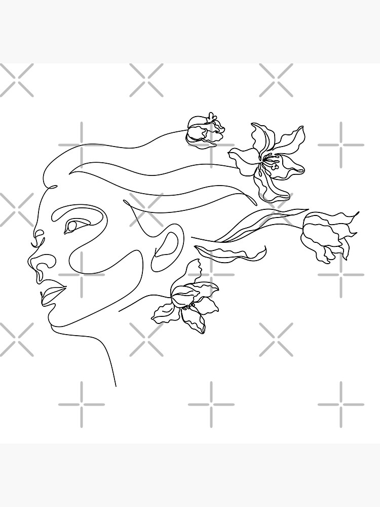 "Strichzeichnungen Frau mit Blumen | Kopf der Blumen Kunstdruck | Frau
