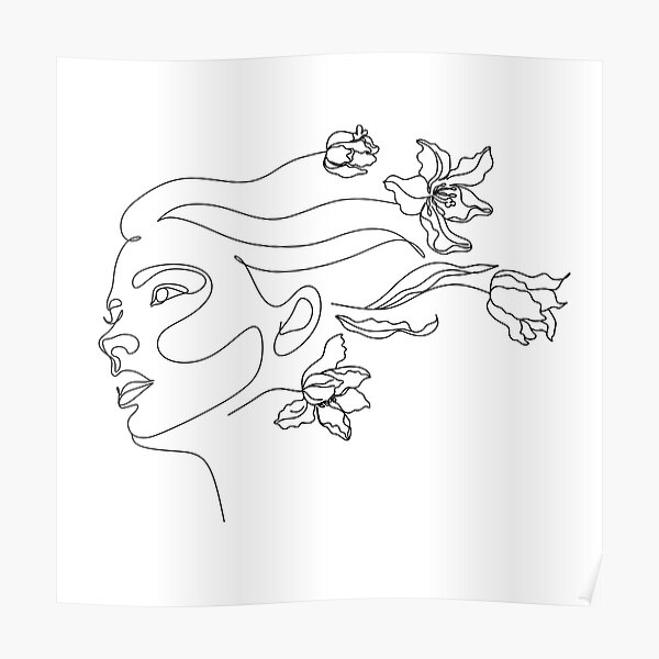 "Strichzeichnungen Frau mit Blumen | Kopf der Blumen Kunstdruck | Frau