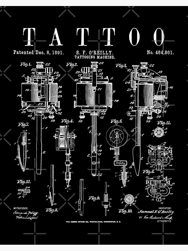 Tattoo Machine Patent Print, Tattoo Studio Wall Art Blueprint